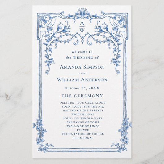 Blauw Victoriaans  huwelijksceremonie programma (Voorkant)