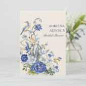 Blauw vintage bloem- en vogelpatroon kaart (Staand voorkant)