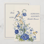 Blauw vintage bloem- en vogelpatroon kaart (Voorkant / Achterkant)