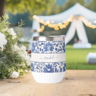 Blauw Vintage Bloem Monogram