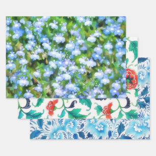 Blauw Vintage Bloem Motief Inpak Ambachtelijk Papi Inpakpapier Vel