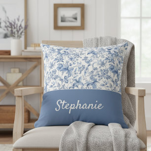 Blauw Vintage Bloem Motief Monogram Kussen