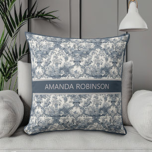 Blauw Vintage Bloemendamask Toile de Jouy Monogram Kussen