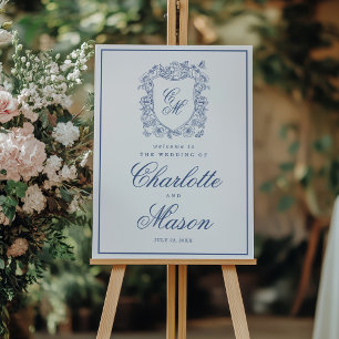 Blauw Vintage Bloemenkamppement Trouw Elegante Ver Poster