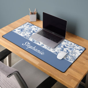 Blauw Vintage Bloemmotief met Monogram Bureaumat