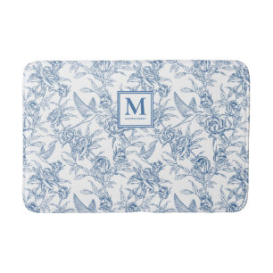 Blauw Vintage Bloemmotief Toile de Jouy Frans Mono Badmat