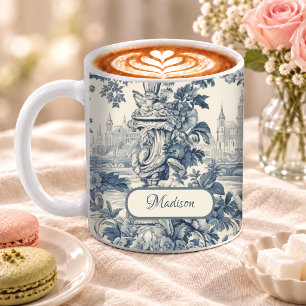 Blauw Vintage Bloemmotief Toile de Jouy Monogram Koffiemok