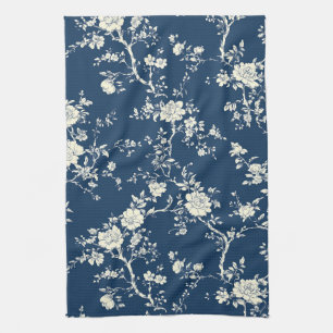 Blauw Vintage Bloemmotief Toile Patroon (11) Theedoek