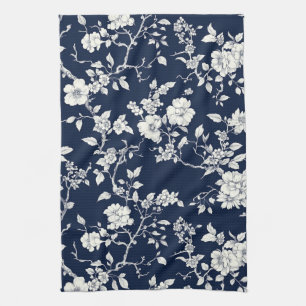 Blauw Vintage Bloemmotief Toile Patroon (12) Theedoek