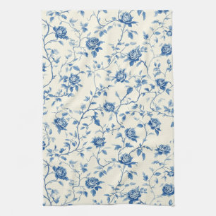 Blauw Vintage Bloemmotief Toile Patroon (3) Theedoek