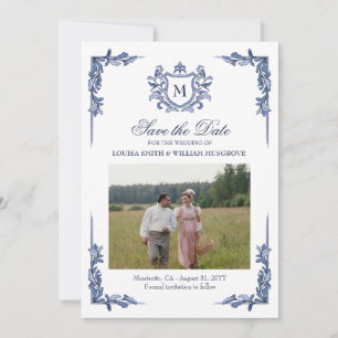 Blauw Vintage Crest Monogram Huwelijk Save The Date