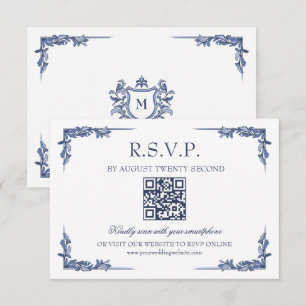 Blauw Vintage Crest Monogram RSVP Online Kaartje