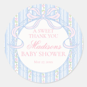 Blauw Vintage Fancy Bloemige Babyshower Cirkel Ronde Sticker