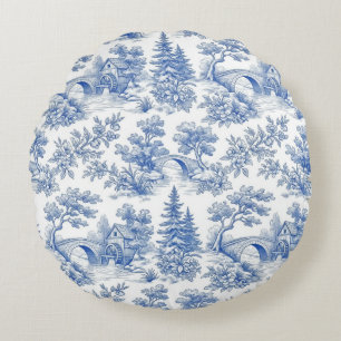 Blauw vintage Frans toile boslandschap Rond Kussen