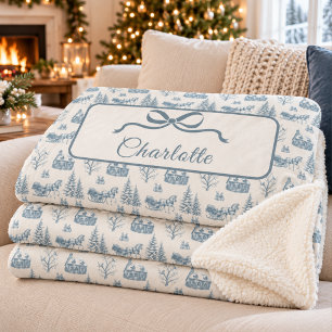 Blauw vintage kerst toile paardenslee met strik sherpa deken