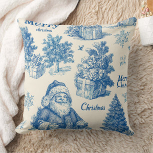 Blauw Vintage Kerstman Kerst Toile Patroon Kussen