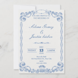 Blauw Vintage Klassiek Elegaant Trouw Uitnodiging