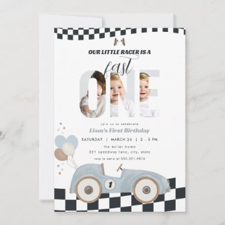 Blauw Vintage Race Auto Eerste Verjaardag Uitnodig Kaart