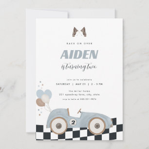 Blauw Vintage Race Auto Jongens Verjaardagsuitnodi Kaart