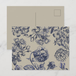 Blauw Vintage Toile Botanisch Bloemmotief Antiek P Briefkaart