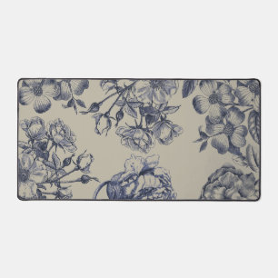 Blauw Vintage Toile Botanisch Bloemmotief Antiek P Bureaumat