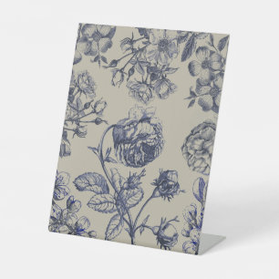 Blauw Vintage Toile Botanisch Bloemmotief Antiek P Reclamebord Met Voetstuk