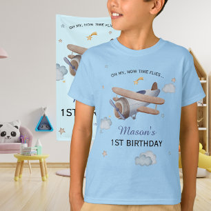Blauw Vintage Vliegtuig Tijd Vliegt 1e Verjaardag T-shirt