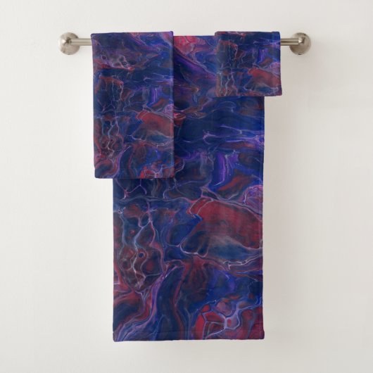 Blauw Violet en koraalrood marmer Acrylabstractie Bad Handdoek (Insitu)