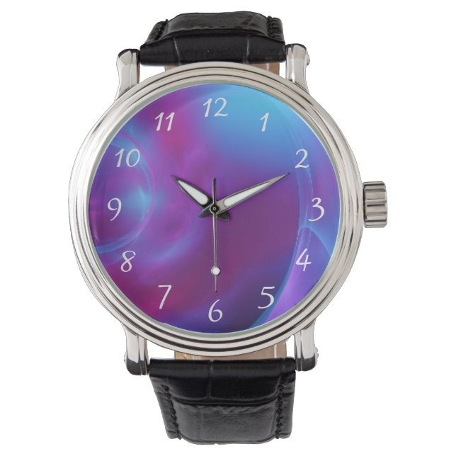 Blauw Violet en roze Cosmic Swirly Fractal Horloge (Voorkant)
