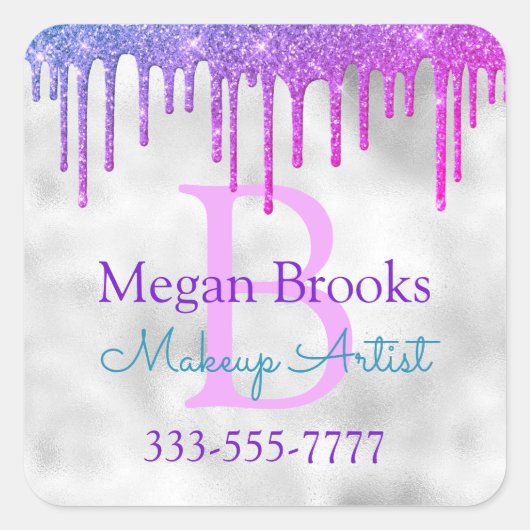 Blauw Violet Glitter Druppels, DIY Naam Monogram T Vierkante Sticker (Voorkant)