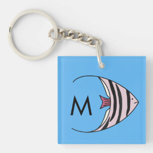 Blauw vis patroon monogram sleutelhanger