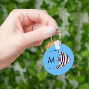 Blauw vispatroon monogram sleutelhanger