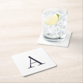 Blauw Vlak Elegant Modern Monogram Initiaal Vierkante Kartonnen Onderzetter (Insitu)