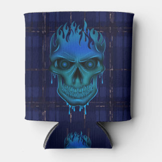Blauw Vlammende Schedel Donkere Plaid Textuur Blikjeskoeler