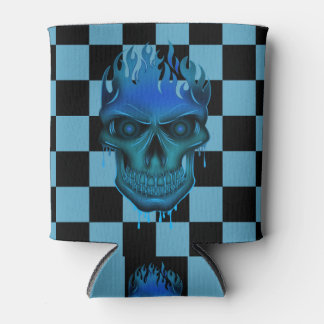 Blauw Vlammende Schedel Geruite Biker Blikjeskoeler