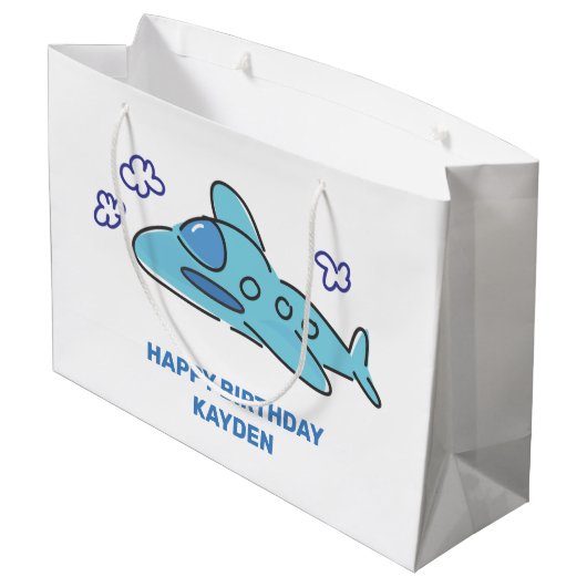 Blauw vliegtuig Birthday Groot Cadeauzakje (Achterkant Gekanteld)