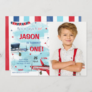 Blauw vliegtuig foto uitnodiging