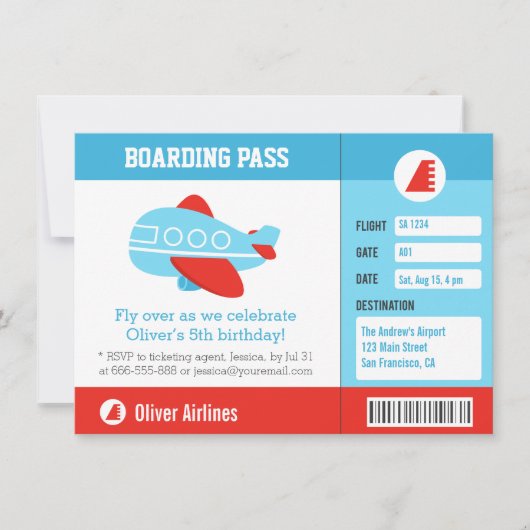 Blauw vliegtuig instapkaart Birthday Party Kaart (Voorkant)