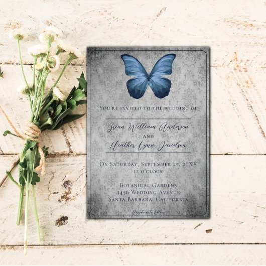 Blauw  vlinder Damask bruiloft Kaart