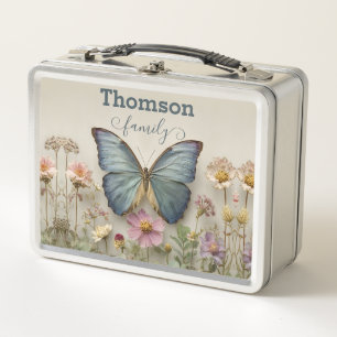 Blauw vlindermotief met bloementuin Familienaam