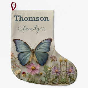 Blauw vlindermotief met bloementuin Familienaam Grote Kerstsok