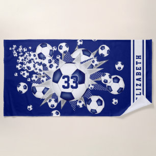 Blauw voetbal blowout haar naam jersey nummer strandlaken