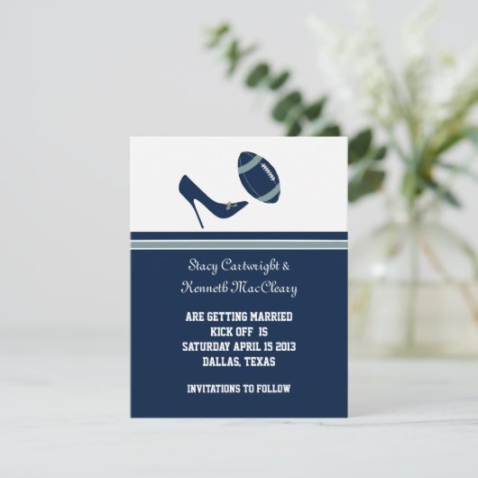 Blauw Voetbal Bruiloft Save The Date Aankondiging (Staand voorkant)