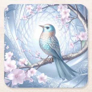 Blauw Vogel Bloemen Papier Onderzetter