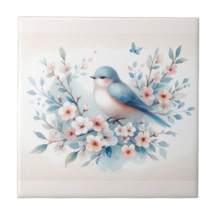 Blauw Vogel Bloesem Waterverf Sereniteit Tegeltje
