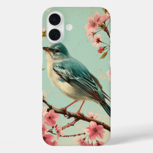  blauw vogelroze kersenbloesem bloesem iPhone 16 plus hoesje