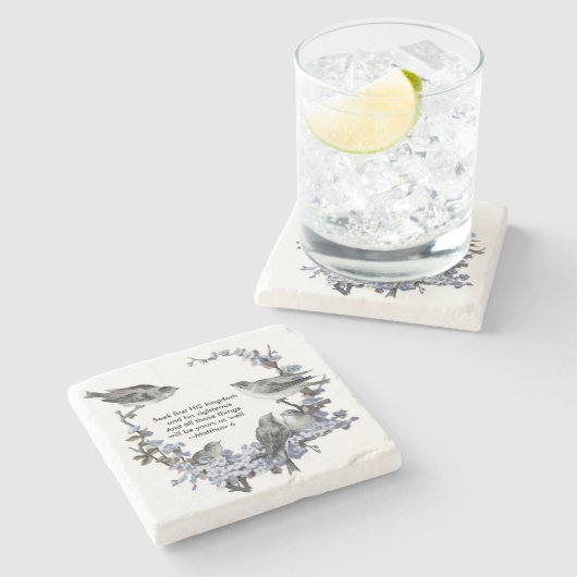 blauw vogelscript stenen onderzetter (Zijkant)