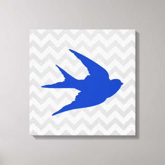 Blauw Vogelsilhouet op Chevron Stripes Canvas Afdruk (Voorkant)