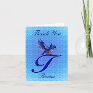 Blauw vogeltje Monogram Initiaal T Persoonlijk Bedankkaart