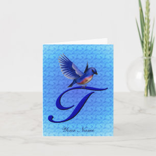 Blauw vogeltje Monogram Initiaal T Persoonlijk Notitiekaartje